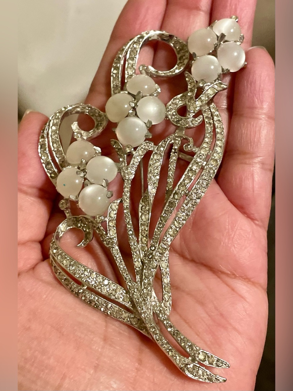 Vintage Silver Crystal Floral Brooch with White Cabochon Flowers
